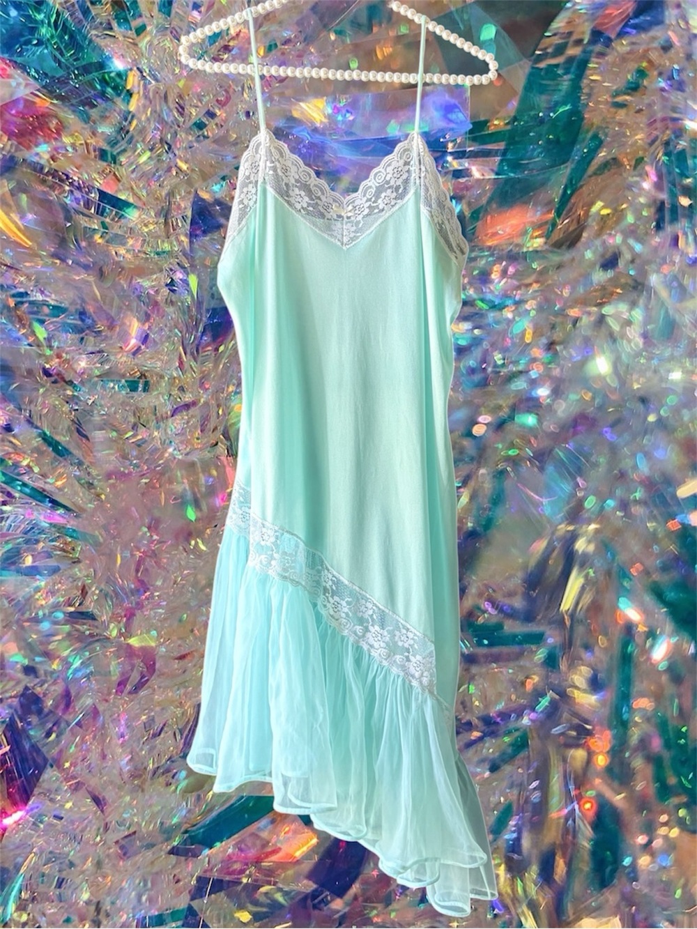 VTG Turquoise Blue Nylon Lace Nightgown Slip Dress Size M